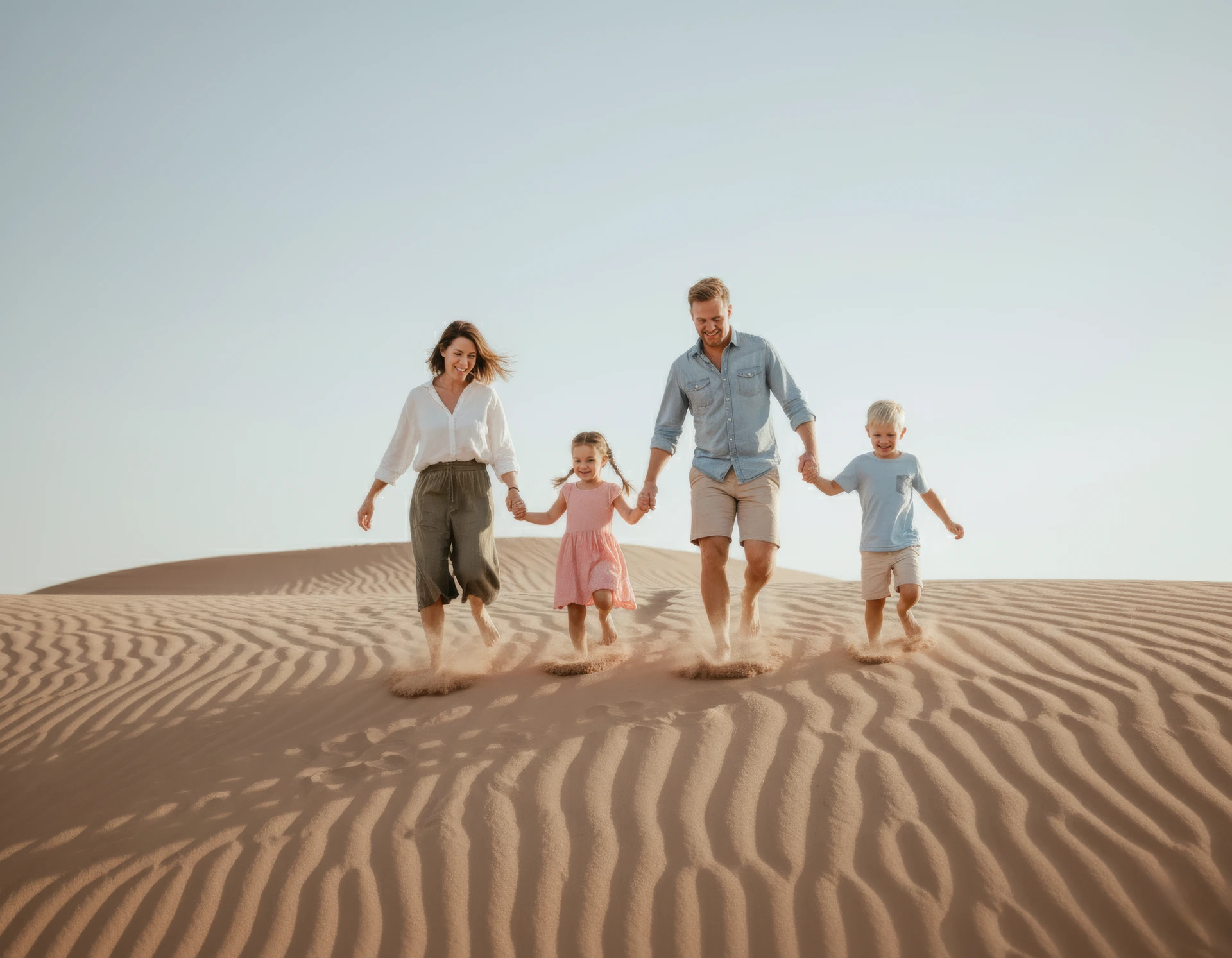 Sesión de fotos familiar en las dunas del desierto de Dubái